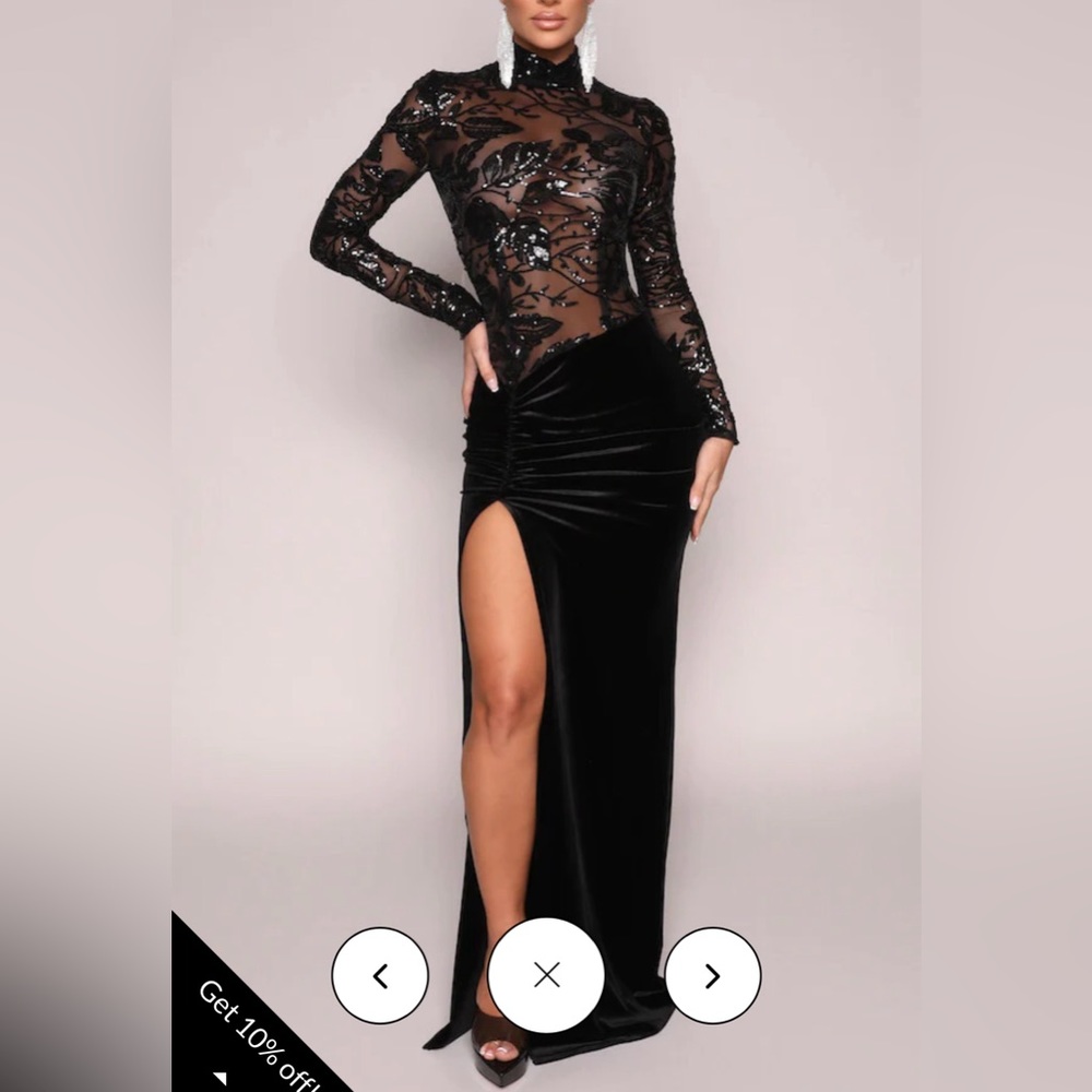 Onyx Sheer Sequin and Velvet Gown- Black